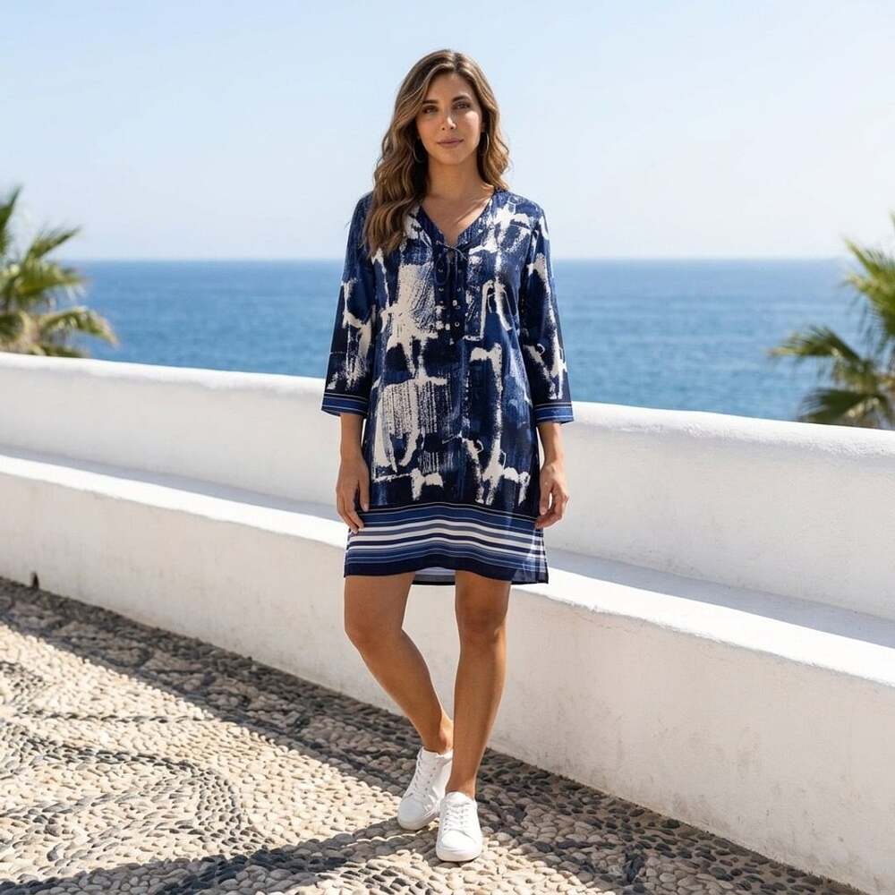 Sandiva Women's Abstract Print V-Neck Lace-Up Tunic Dress